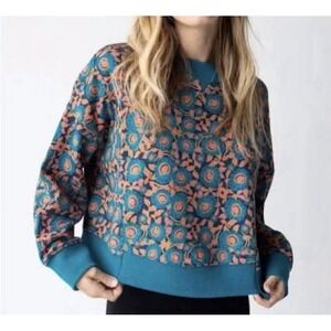 Natural Life Selah Printed Boxy Sweatshirt Teal Blue Dahlias Sz M Boho Colorful
